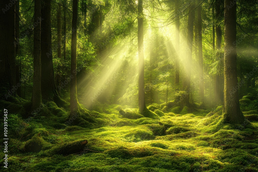 Fototapeta premium Sunbeams Illuminating a Lush Forest Floor