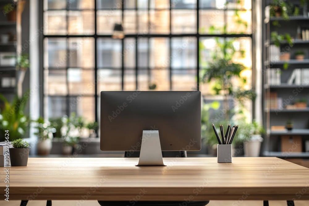 Fototapeta premium A modern office desk with a computer monitor, potted plants, and pencils in a cup. The desk is in front of a large window with a blurred view of a city skyline.