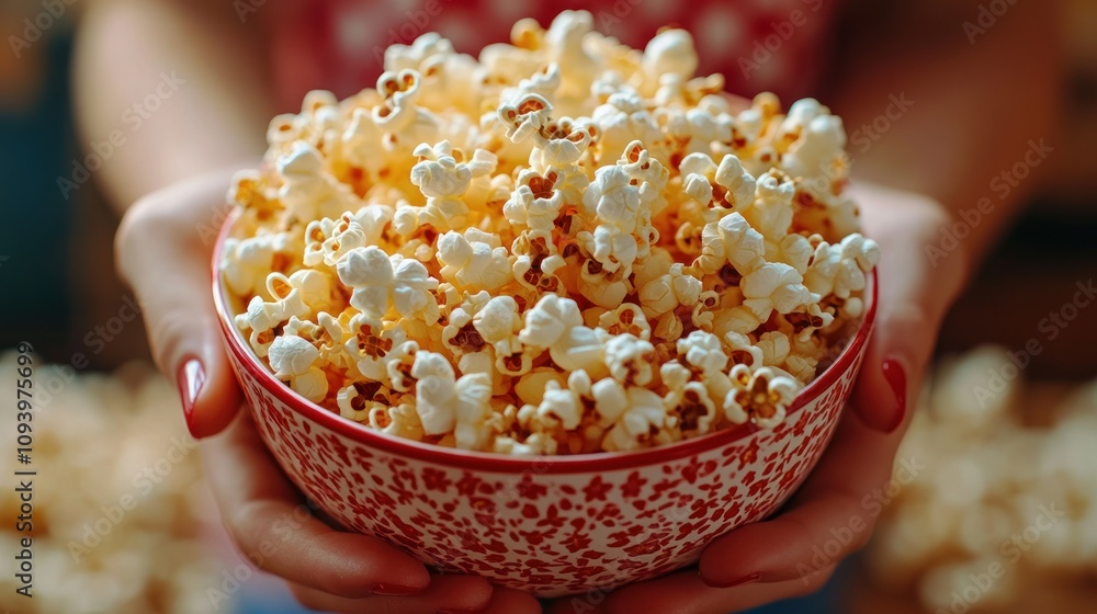 A person holding a bowl of fluffy popcorn, perfect for movie nights or snacks. A person holding a bowl of fluffy popcorn, perfect for movie nights or snacks.