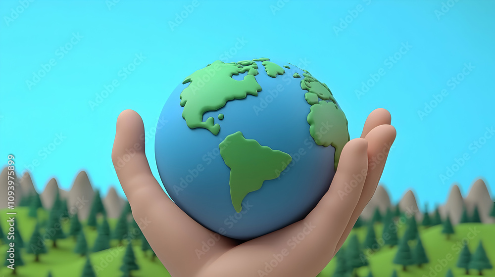 Stylized 3D Render: A Hand Gently Holds a Cartoon Earth Against a Lush Green Landscape Background Stylized 3D Render: A Hand Gently Holds a Cartoon Earth Against a Lush Green Landscape Background