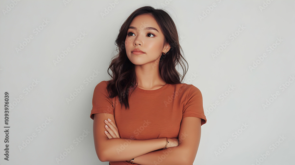 Obraz premium Portrait of a Young Woman with Brown Hair and a Rust-Colored T-Shirt, Arms Crossed, Pensively Looking Away Against a Light Gray Background.
