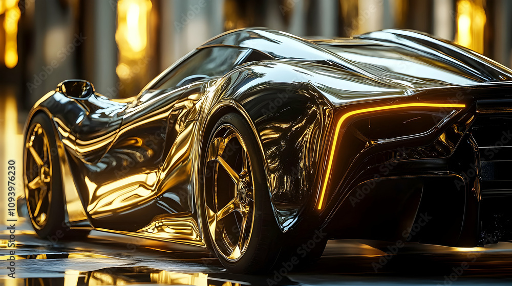 Sleek Golden Sports Car Reflecting Light, 3D Render of Luxury Vehicle with Chrome Finish and Golden Wheels, Abstract Background. Sleek Golden Sports Car Reflecting Light, 3D Render of Luxury Vehicle with Chrome Finish and Golden Wheels, Abstract Background.