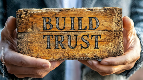 Hands Carefully Holding Rustic Wooden Sign: Build Trust, Promoting Reliability and Confidence.