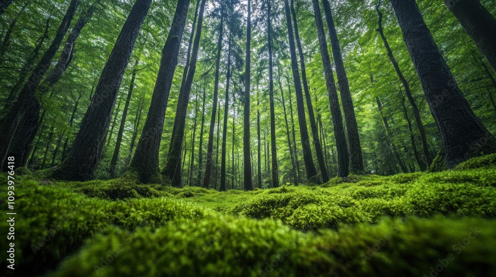Fototapeta premium Lush green forest with tall trees and vibrant moss covering the ground.