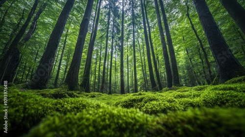 Lush green forest with tall trees and vibrant moss covering the ground.