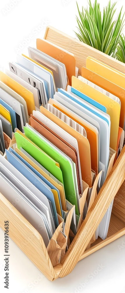 Obraz premium Colorful Files in Wooden Desk Organizer with Plant.