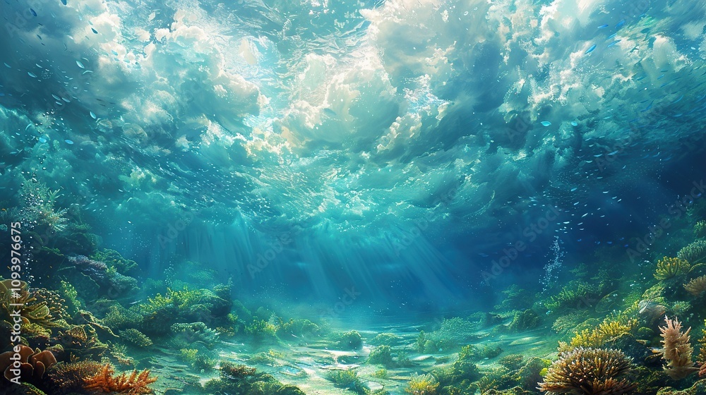 Obraz premium Stunning Underwater Scene With Sunlight Filtering Through The Ocean Surface And Vibrant Coral Reefs