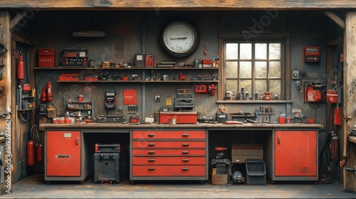 Workshop Interior with Red Cabinets and Tools