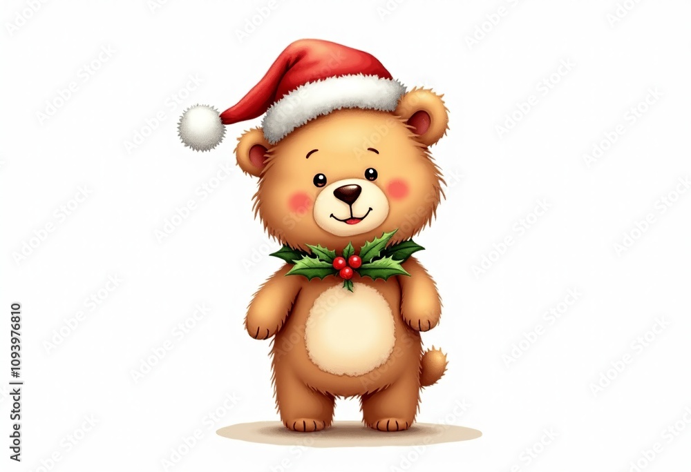 Whimsical Brown Bear with Santa Hat and Holly, Simple Watercolor Doodle Style on Solid Color Background, Great for Festive Children's Book Art
Whimsical Brown Bear with Santa Hat and Holly, Simple Watercolor Doodle Style on Solid Color Background, Great for Festive Children's Book Art