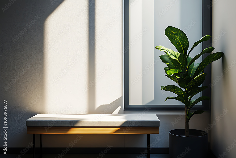 Fototapeta premium Modern Minimalist Interior Design: Sunlight Streaming Through Window, Illuminating Stylish Bench and Potted Plant