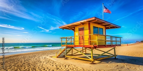 Scenic Beach Lifeguard Station Overlooking the Ocean - Perfect for Summer Safety Promotions and Beach Vacation Themes photo