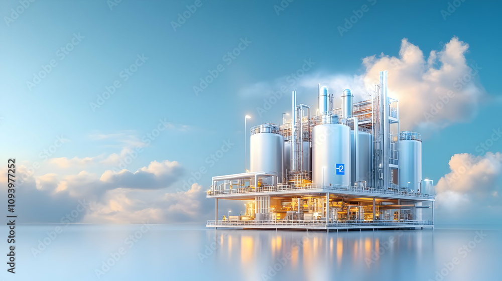 Obraz premium Industrial facility, futuristic factory, large complex, blue sky background