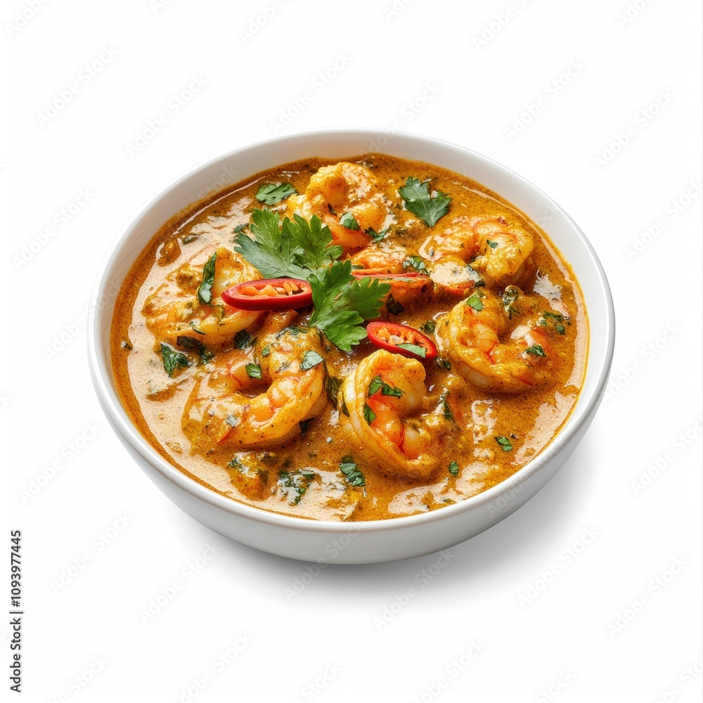 A bowl of queen prawn curry garnished with herbs and chili. A bowl of queen prawn curry garnished with herbs and chili.