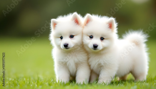 Fototapeta Naklejka Na Ścianę i Meble -  Puppy cute White Swiss Shepherd dog portrait on meadow