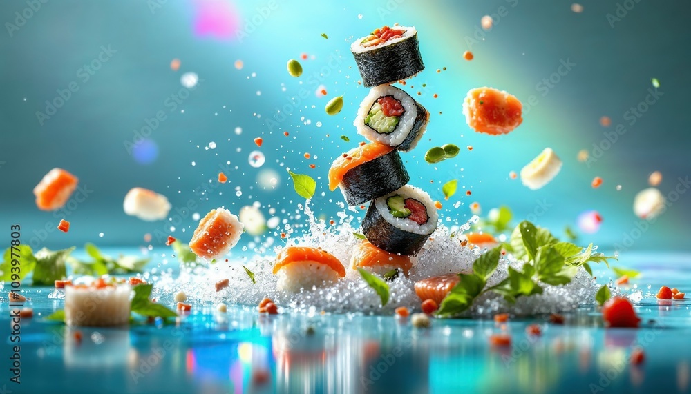 Naklejka premium Sushi Symphony: A vibrant and dynamic display of fresh sushi rolls, ingredients, and water droplets suspended in mid-air, creating a captivating culinary spectacle. 