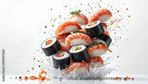 Sushi Explosion: A vibrant splash of fresh sushi, nigiri, and maki rolls explodes into a dynamic composition, showcasing the artistry and deliciousness of Japanese cuisine.