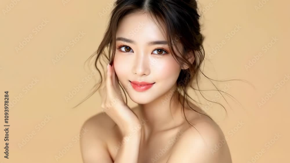 Attractive slim young asian woman with clean fresh healthy skin and long beautiful brunette hair isolated on light beige background. Skin care cosmetic product. Cosmetology, beauty and spa concept Attractive slim young asian woman with clean fresh healthy skin and long beautiful brunette hair isolated on light beige background. Skin care cosmetic product. Cosmetology, beauty and spa concept