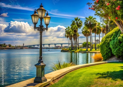 Scenic View of Lamppost at Vacation Isle Park with Mission Bay and Ingraham Street Bridge, Capturing a Beautiful Day with Lush Greenery and Serene Water in the Background photo