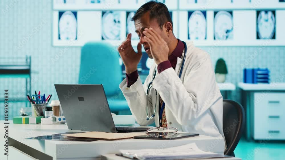 Worried tired doctor working late under pressure to find a cure for a dangerous illness, healthcare services on insurance. Overworked depressed specialist with anxiety deals with burnout. Camera A. Worried tired doctor working late under pressure to find a cure for a dangerous illness, healthcare services on insurance. Overworked depressed specialist with anxiety deals with burnout. Camera A.