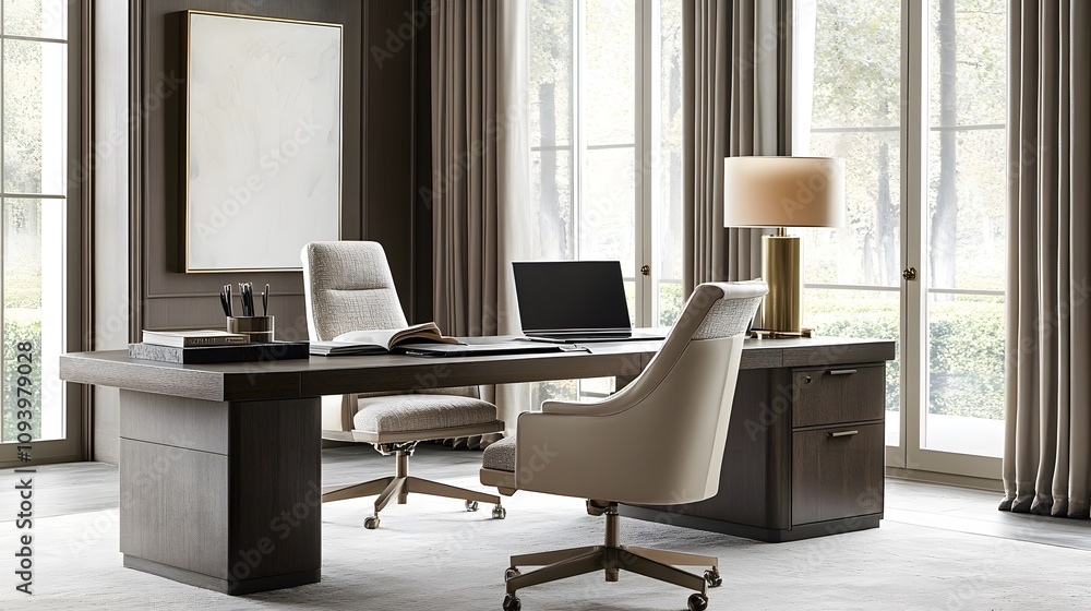 A serene home office setup with a focus on neutral tones and a clean desk surface A serene home office setup with a focus on neutral tones and a clean desk surface