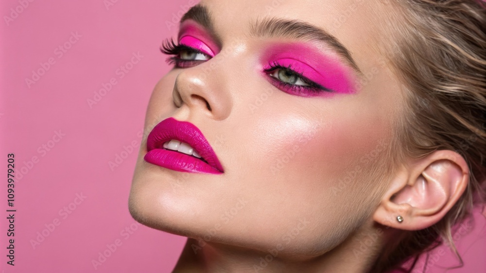 An inspiring portrait of a person radiating creativity with bright neon fuchsia lipstick. Their eyes are adorned with bold neon fuchsia eyeshadow which enhances their playful An inspiring portrait of a person radiating creativity with bright neon fuchsia lipstick. Their eyes are adorned with bold neon fuchsia eyeshadow which enhances their playful