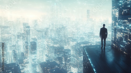 Futuristic Cityscape: A Man Contemplates the Urban Expanse