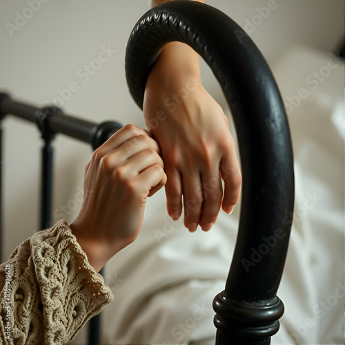 women's hands clinging to the forged head of the bed. forged beds, details. 4k, slow motion.