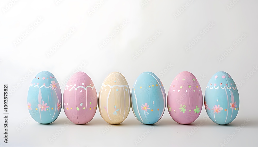 Fototapeta premium wooden easter eggs painted with pastel colors on a white background