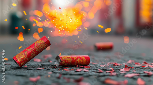 Explosive Firecrackers in a Vibrant Shower of Sparks and Lights, Capturing the Joyous Celebration of Festivals and Events, Perfect for Stock Photo Collections photo