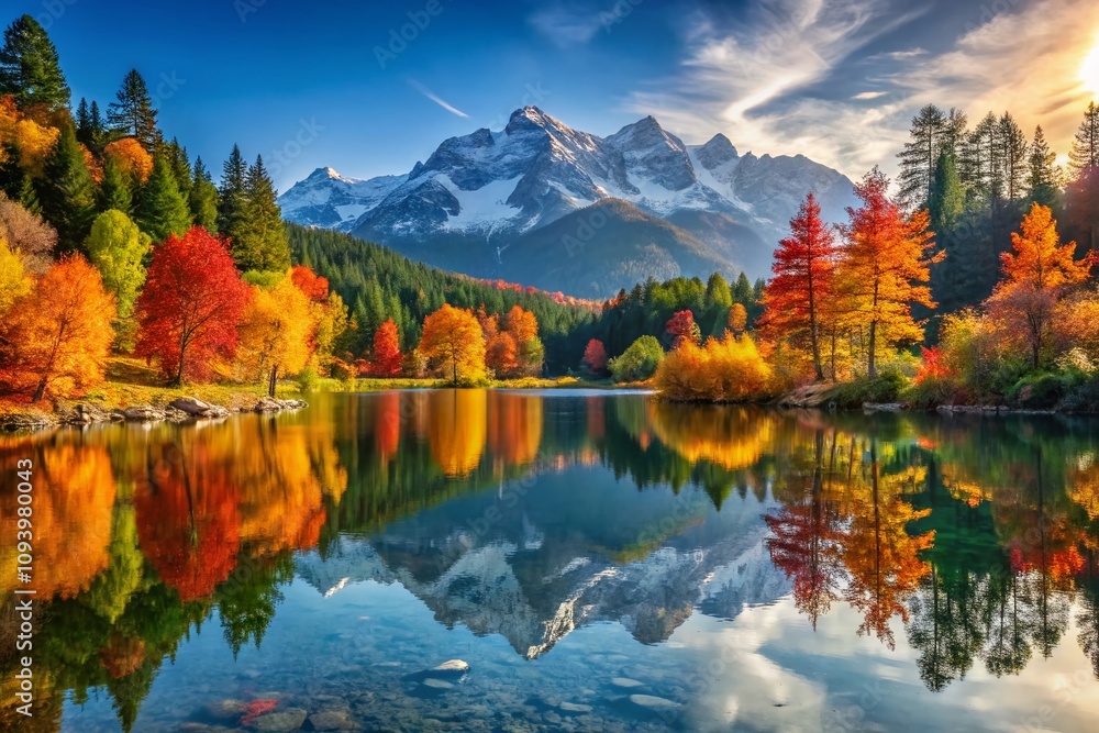 Obraz premium Serene Autumn Landscape of a Lake Surrounded by Forest with Snow-Capped Mountain Peaks Reflecting in the Water, Perfect for Nature Lovers and Travel Enthusiasts