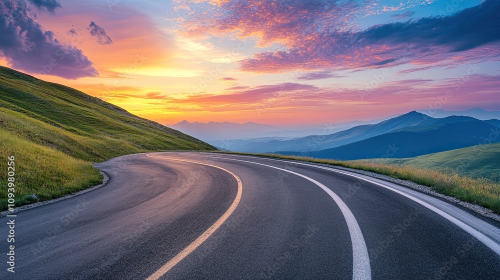 Fototapeta premium Winding Road Through Mountain Landscape at Sunset