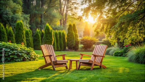 Serene Backyard Escape with Two Cozy Chairs on Lush Green Lawn for Tranquil Outdoor Relaxation photo