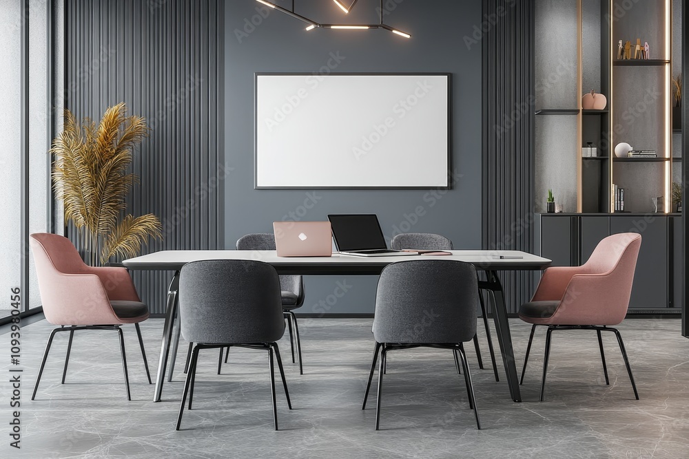 A modern conference room with a large blank poster on the wall, a white table, and pink chairs. A modern conference room with a large blank poster on the wall, a white table, and pink chairs.