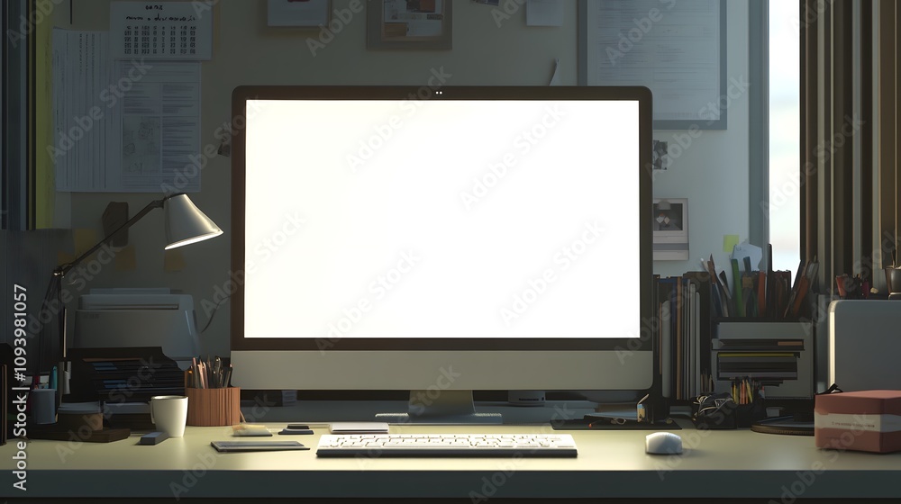 A workspace featuring an ultra-thin monitor on a clean desk with no decorations A workspace featuring an ultra-thin monitor on a clean desk with no decorations
