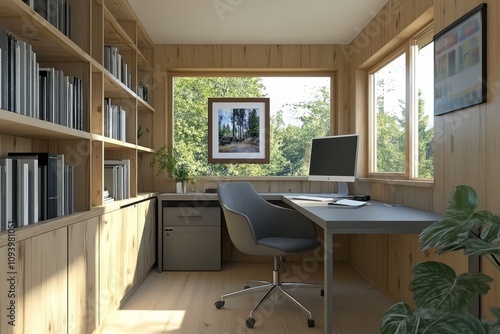 A modern home office with a large window overlooking a green forest. The room is decorated with wooden paneling and a bookshelf. A grey desk and chair are placed in front of the window.