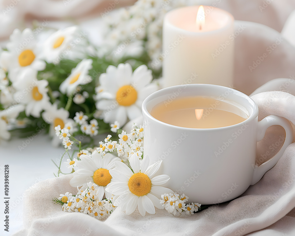 A soothing scene featuring a cup of tea, fresh daisies, and a lit candle, evoking tranquility and relaxation. A soothing scene featuring a cup of tea, fresh daisies, and a lit candle, evoking tranquility and relaxation.