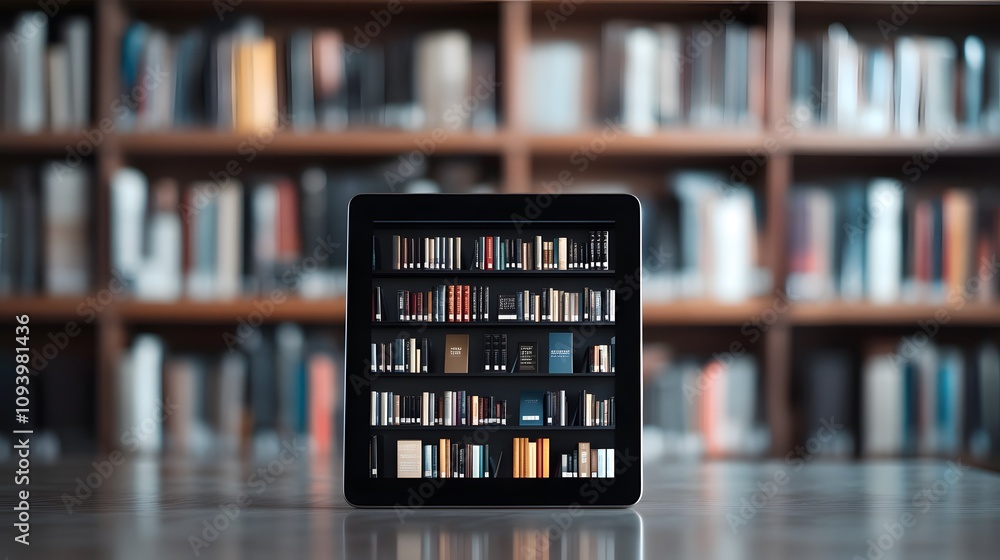A tablet on a minimalist stand displaying an organized digital library A tablet on a minimalist stand displaying an organized digital library