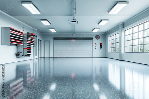 Modern Garage Interior Design: Clean, Spacious, and Organized.  A bright and stylish garage with sleek architecture, efficient storage, and large windows. photo