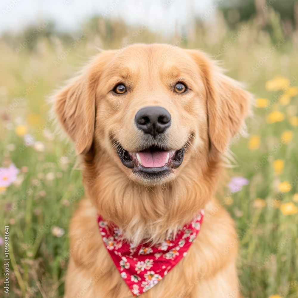 Golden retriever dog with a red bandana sitting in a field of flowers with copy space. Golden retriever dog with a red bandana sitting in a field of flowers with copy space.