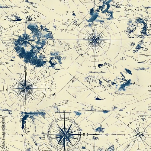 Seamless pattern of nautical charts with lines and coordinates in faded blue tones