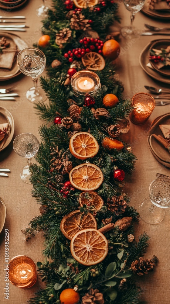 A festive table setting adorned with greenery, candles, and dried fruits for a holiday gathering. A festive table setting adorned with greenery, candles, and dried fruits for a holiday gathering.