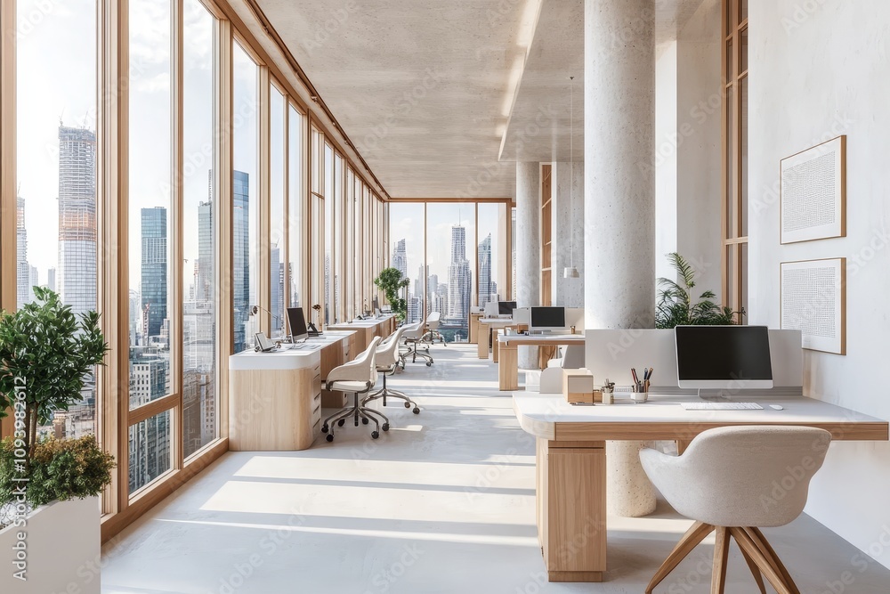 Fototapeta premium Modern office interior with large windows overlooking city skyline. (3)