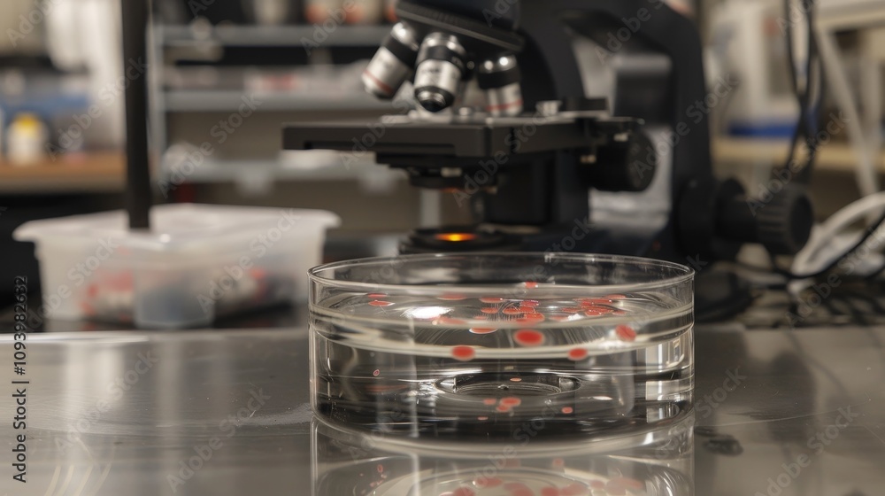 Close-up of stem cells in a petri dish under a microscope, symbolizing medical research and innovation, with scientific equipment in the background. Close-up of stem cells in a petri dish under a microscope, symbolizing medical research and innovation, with scientific equipment in the background.