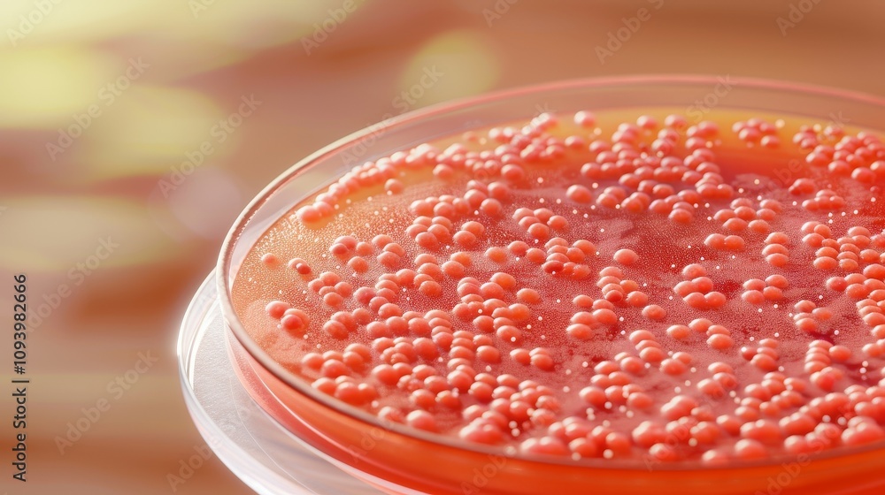 Close-up of stem cells in a petri dish under a microscope, symbolizing medical research and innovation, with scientific equipment in the background.	