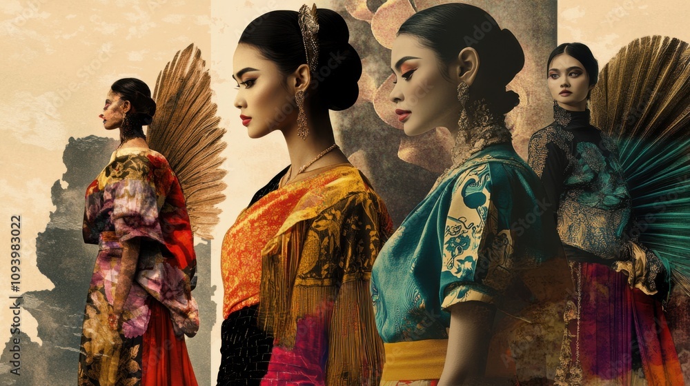 A creative collage of Thai fashion models wearing traditional A creative collage of Thai fashion models wearing traditional