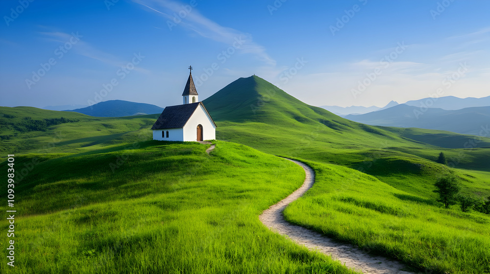 Wide angle view of church in remote hills Wide angle view of church in remote hills