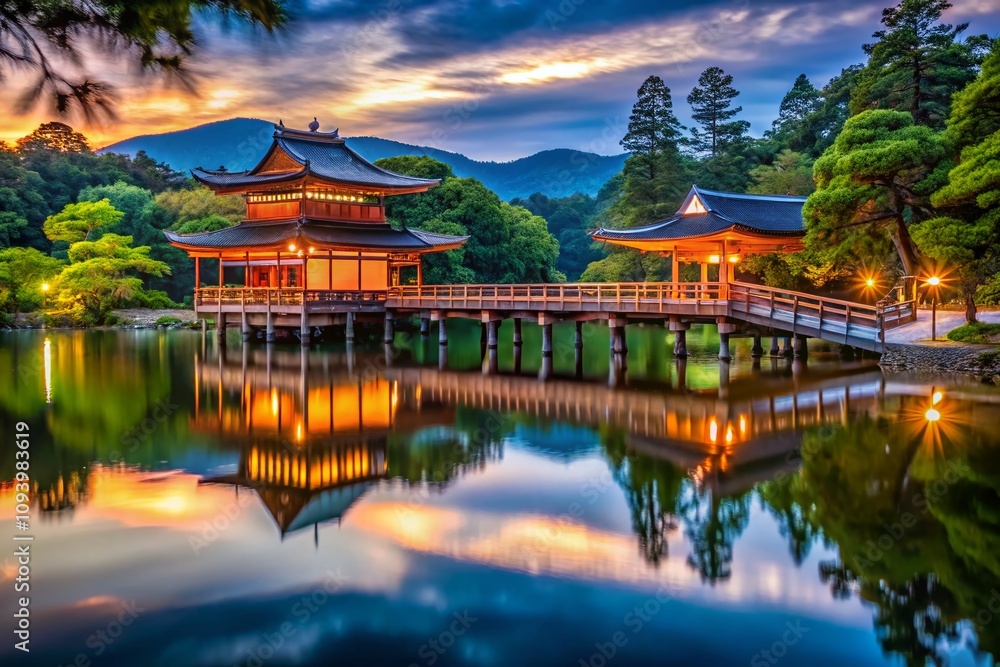 Serene Evening at Lake Heian Shrine in Kyoto: Captivating Low Light Reflections of the Bridge and Surrounding Nature on East Lake Water Serene Evening at Lake Heian Shrine in Kyoto: Captivating Low Light Reflections of the Bridge and Surrounding Nature on East Lake Water