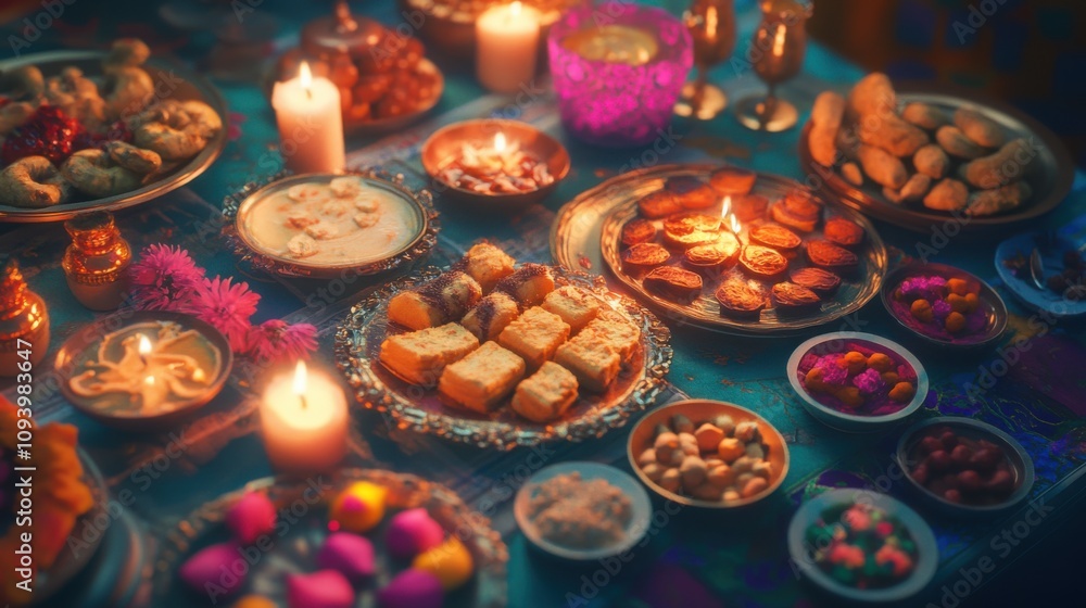 A Diwali spread featuring delicious sweets and savory items like chakli A Diwali spread featuring delicious sweets and savory items like chakli