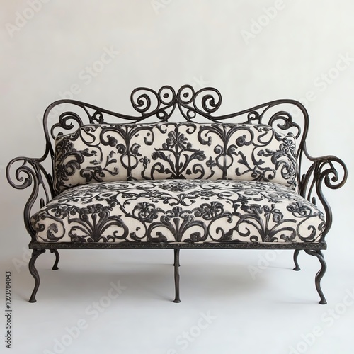 Elegant wrought iron sofa with floral patterned cushions on white background.