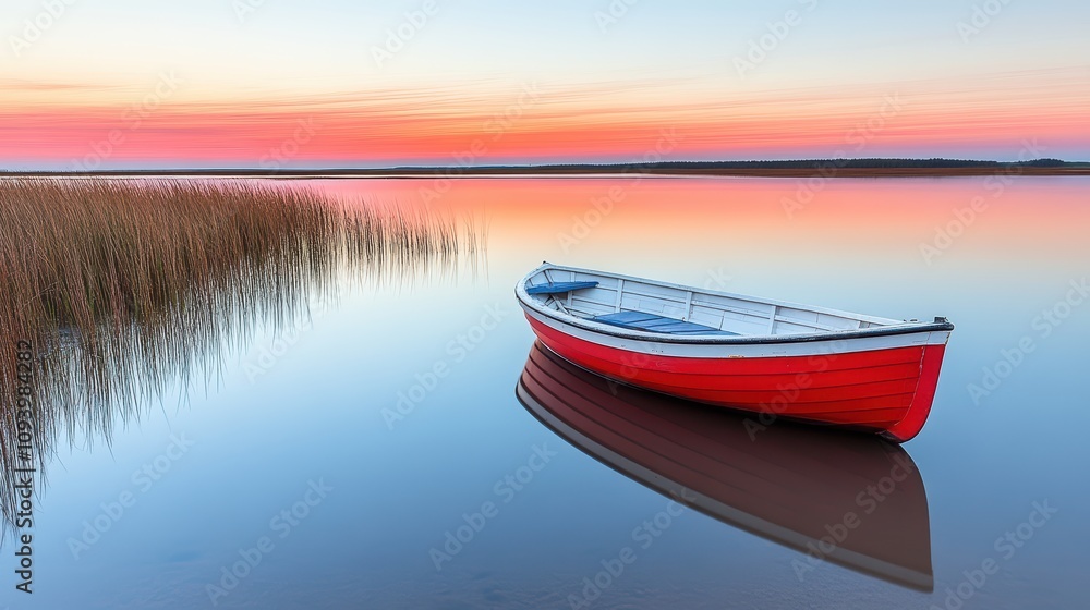 Naklejka premium Serene Sunset Over Calm Waters with a Red Boat Anchored by Tall Grass, Capturing Tranquility and Natural Beauty in a Peaceful Landscape